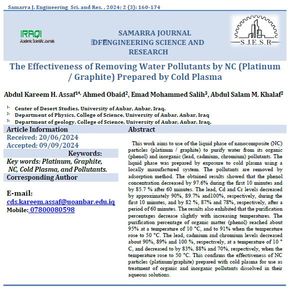 The Effectiveness of Removing Water Pollutants by NC (Platinum / Graphite) Prepared by Cold Plasma